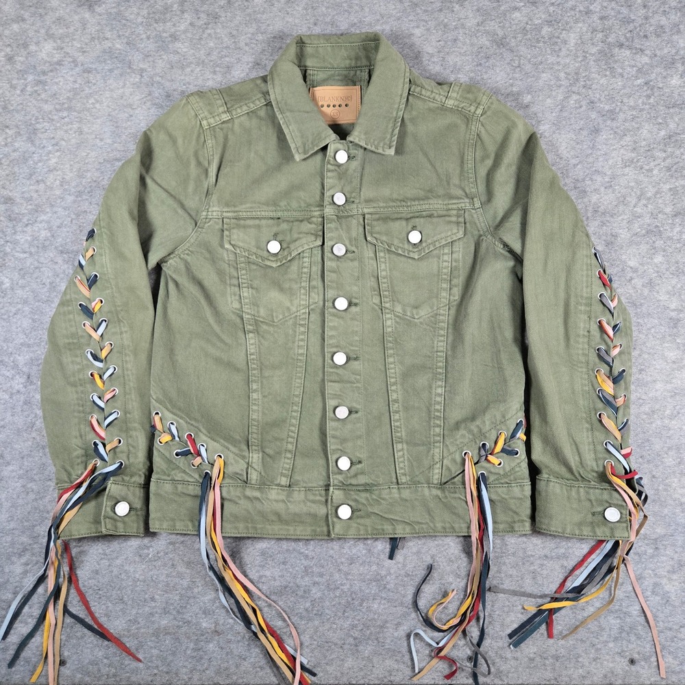 BlankNYC Womens Green Lace Up Fringe Boho Denim Trucker Jacket XS